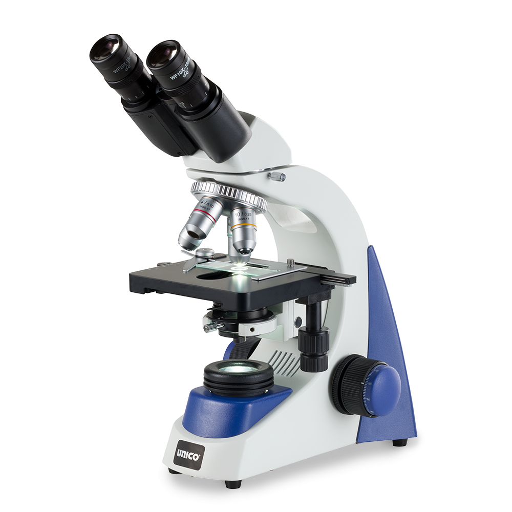 Microscope, Binocular, 10X Widefield Eyepiece, 4X, 10X, 40X, 100X, Achromat, NA 1.25 Condenser, Iris Diaphragm, Mechanical Stage, LED Illumination, 3 Watt LED Bulb, Coaxial Foscusing by Unico  ID G380-LED